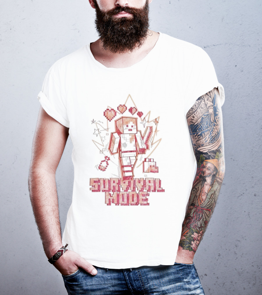 Survival Mode Game Pixel Art Character With Hearts And Tools T-Shirt