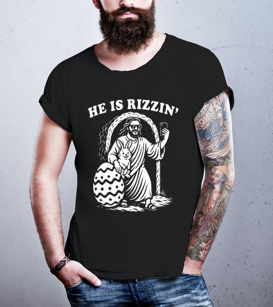 He Is Rizzin Jesus With Bunny And Easter Egg Selfie T-Shirt