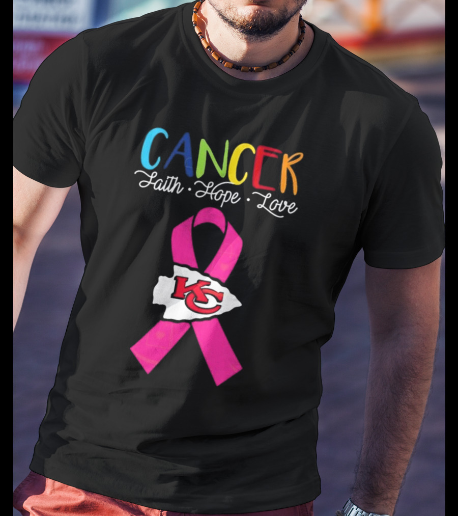 Kansas City Chiefs Pink Ribbon Cancer Faith Hope Love 2025 T-Shirt