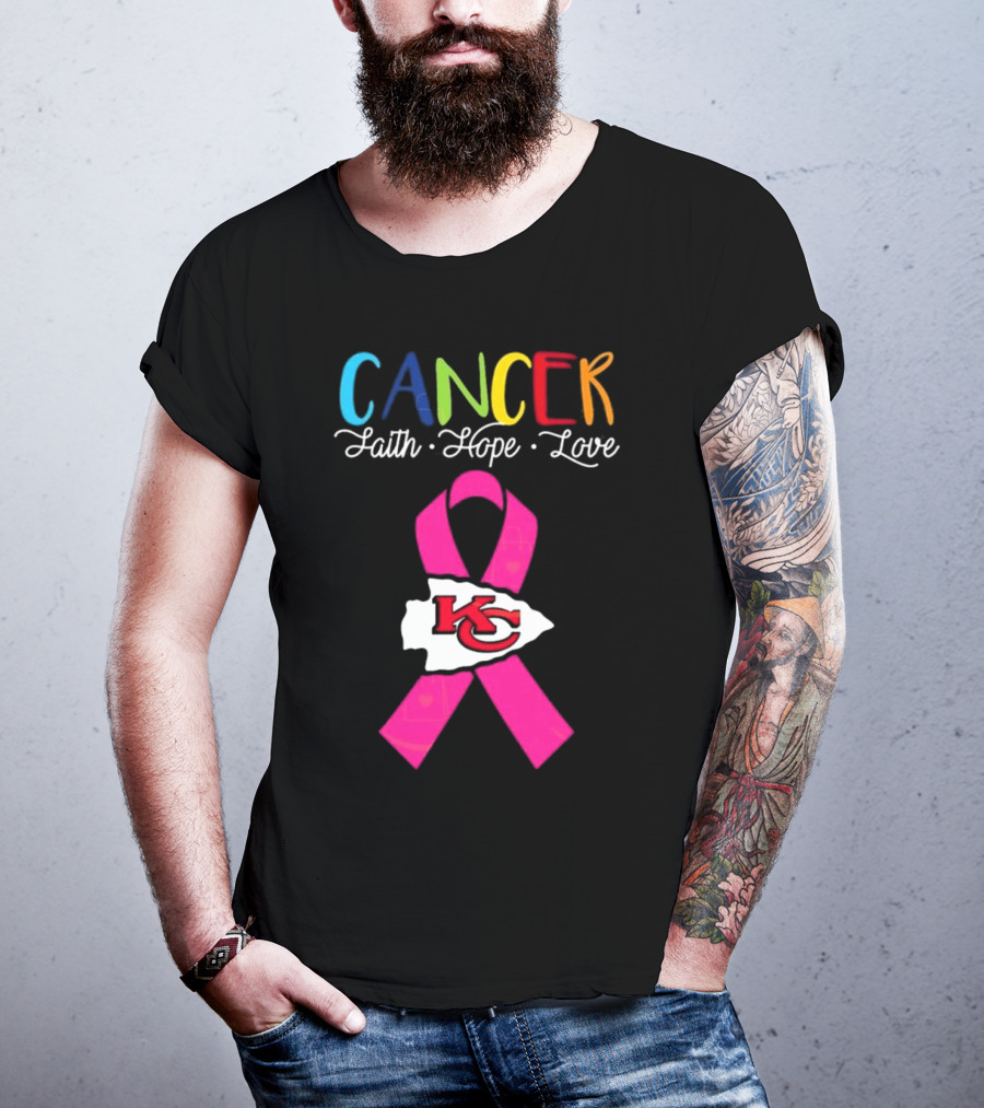 Kansas City Chiefs Pink Ribbon Cancer Faith Hope Love 2025 T-Shirt