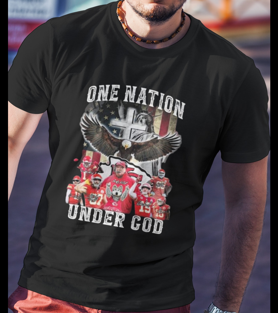 Kansas City Chiefs One Nation Under God 2025 Signatures Statue Of Liberty And Eagle T-Shirt