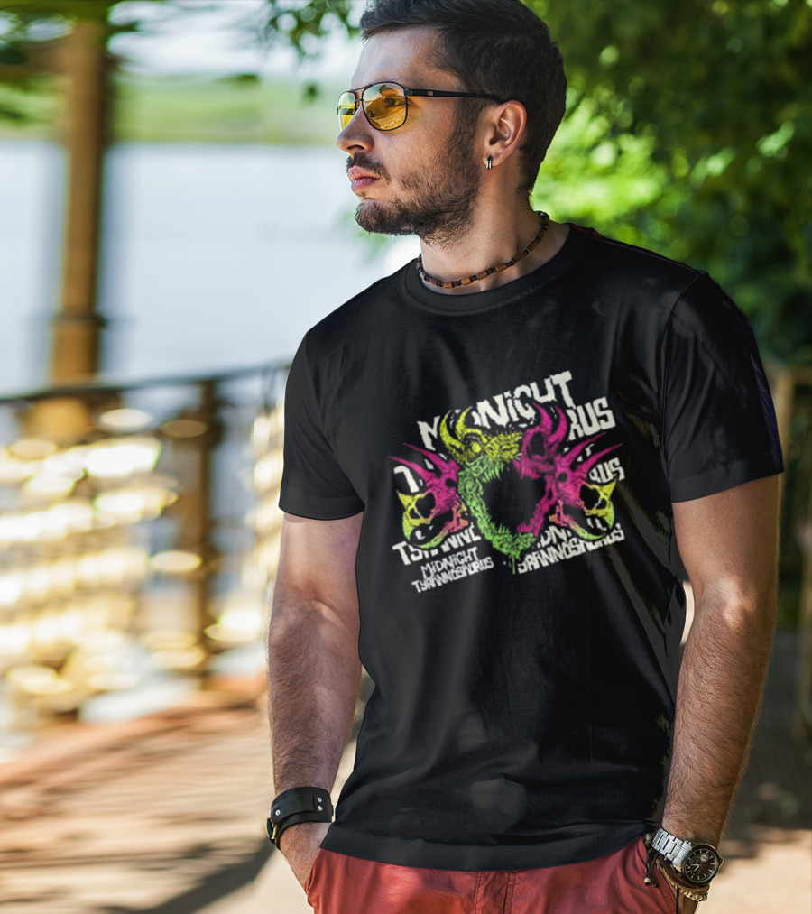 KT8 Midnight Tyrannosaurus Neon Pink Green Skull Illustration T-Shirt