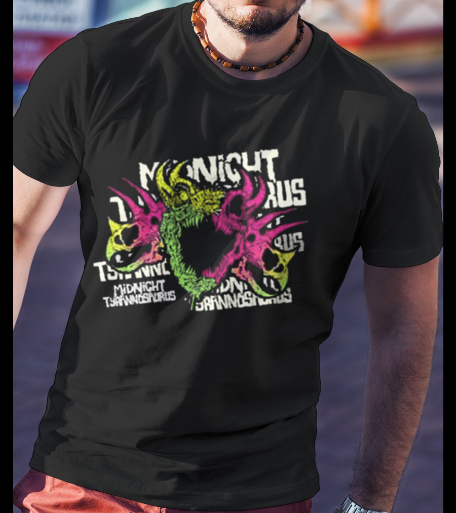KT8 Midnight Tyrannosaurus Neon Pink Green Skull Illustration T-Shirt