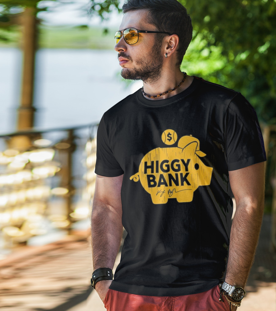 Higgy Bank Piggy Bank Graphic Baseball Theme With Signature And Dollar Sign T-Shirt