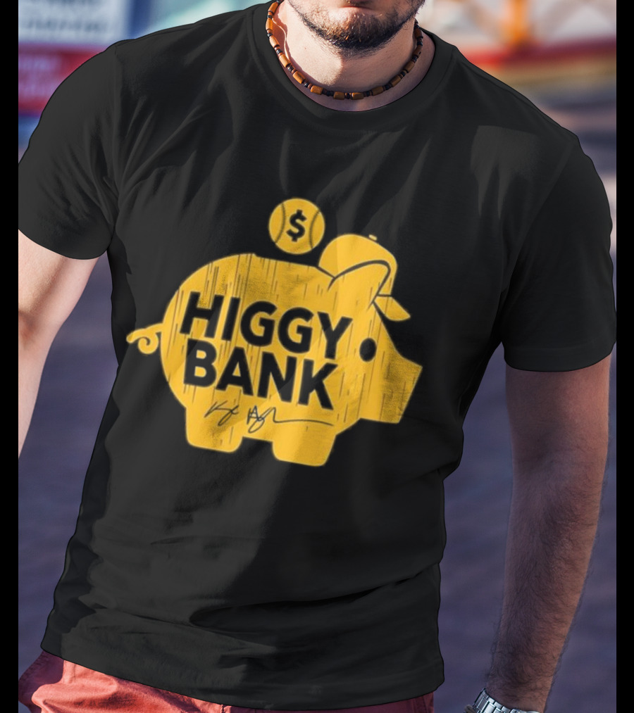 Higgy Bank Piggy Bank Graphic Baseball Theme With Signature And Dollar Sign T-Shirt