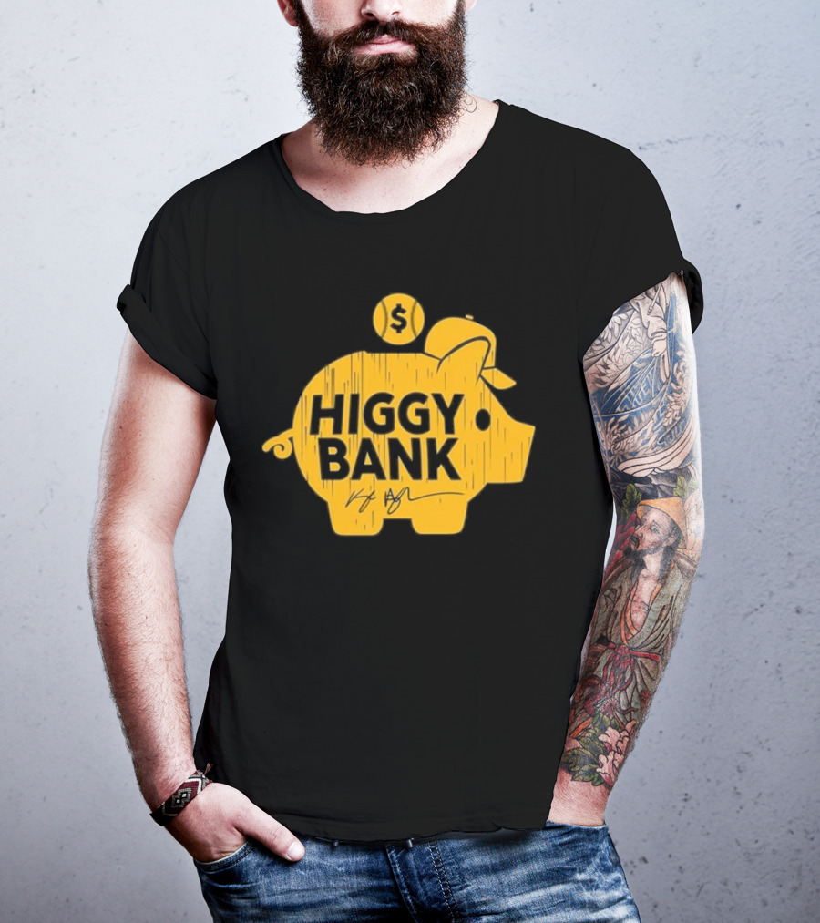Higgy Bank Piggy Bank Graphic Baseball Theme With Signature And Dollar Sign T-Shirt