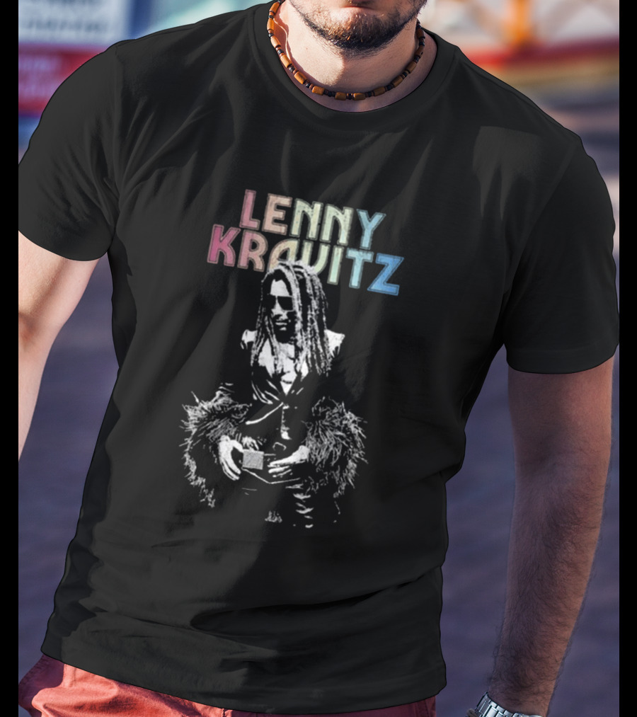 Lenny Kravitz Monochrome Portrait With Rainbow Letters T-Shirt