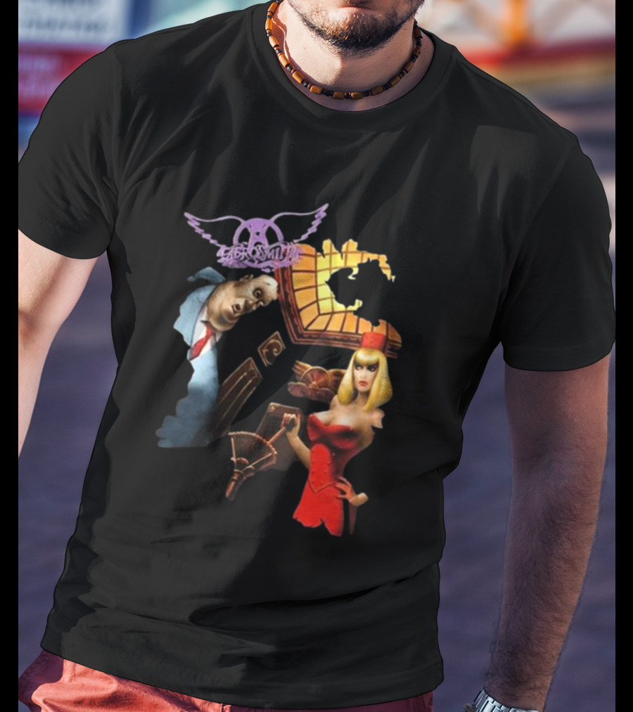 Aerosmith Love In An Elevator Cartoon Artwork With Woman In Red Dress And Man In Suit T-Shirt