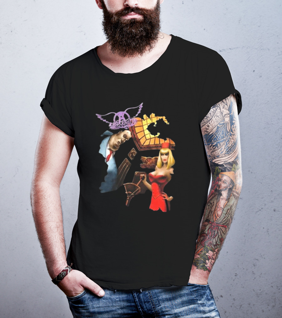 Aerosmith Love In An Elevator Cartoon Artwork With Woman In Red Dress And Man In Suit T-Shirt