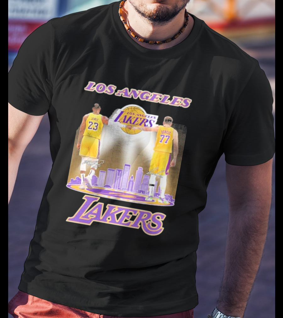 Los Angeles Lakers Luka Doncic Lebron James 23 77 City Skyline T-Shirt
