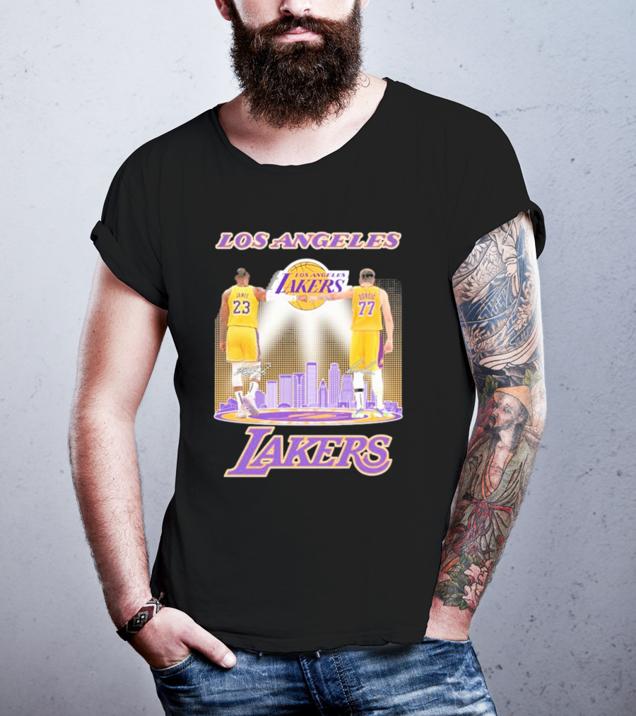 Los Angeles Lakers Luka Doncic Lebron James 23 77 City Skyline T-Shirt