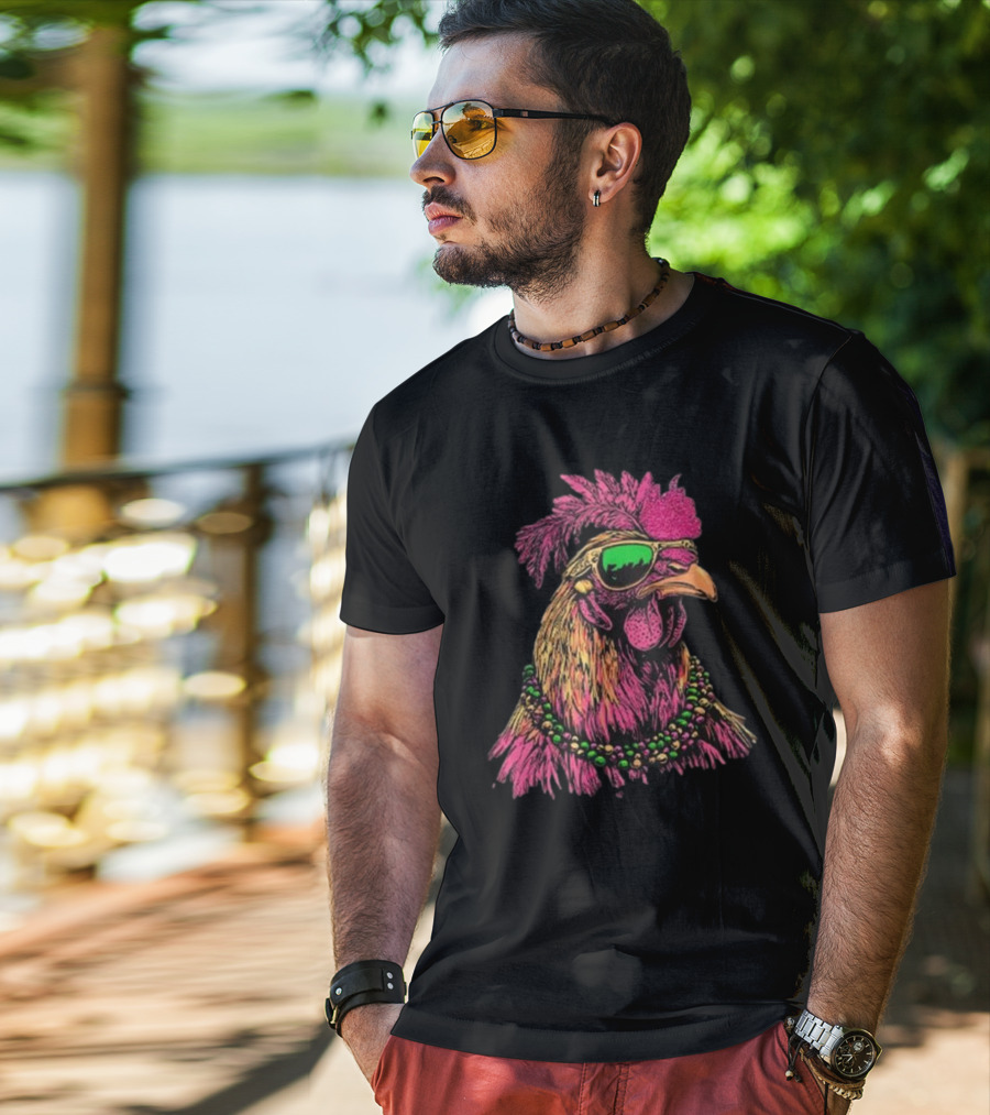 Mardi Gras Chicken Beads And Sunglasses Vibrant Rooster T-Shirt