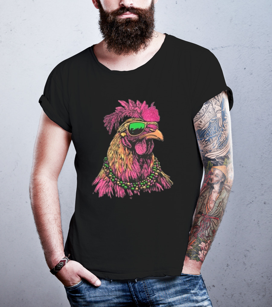 Mardi Gras Chicken Beads And Sunglasses Vibrant Rooster T-Shirt