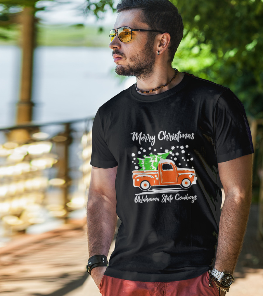 Merry Christmas Oklahoma State Cowboys Orange Truck Snowflakes Green Trees T-Shirt