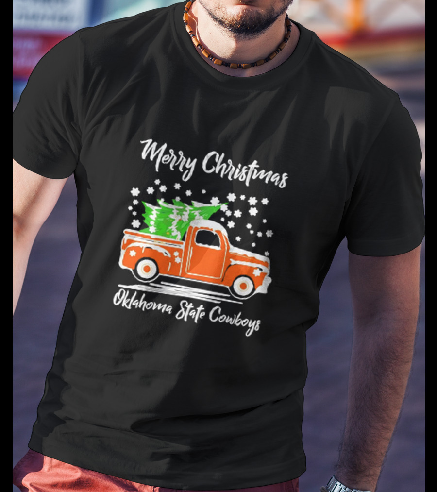 Merry Christmas Oklahoma State Cowboys Orange Truck Snowflakes Green Trees T-Shirt