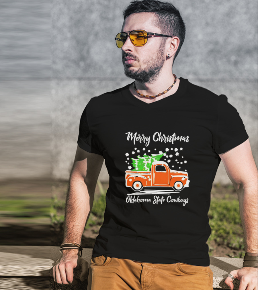 Merry Christmas Oklahoma State Cowboys Orange Truck Snowflakes Green Trees T-Shirt