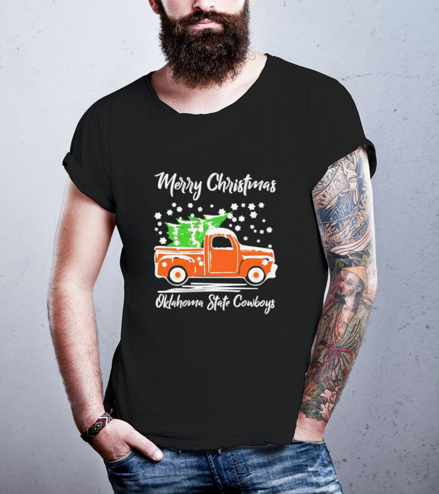 Merry Christmas Oklahoma State Cowboys Orange Truck Snowflakes Green Trees T-Shirt