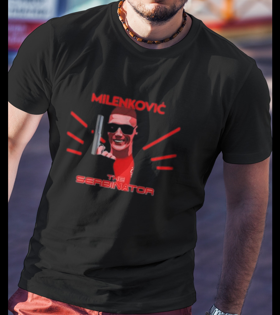 Milenkovic The Serbinator Sunglasses Gun Pose T-Shirt