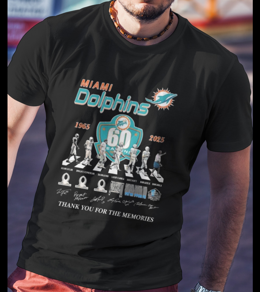 Miami Dolphins 60 Seasons 1965-2025 Thank You For The Memories Signatures T-Shirt