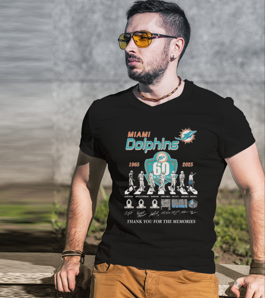 Miami Dolphins 60 Seasons 1965-2025 Thank You For The Memories Signatures T-Shirt