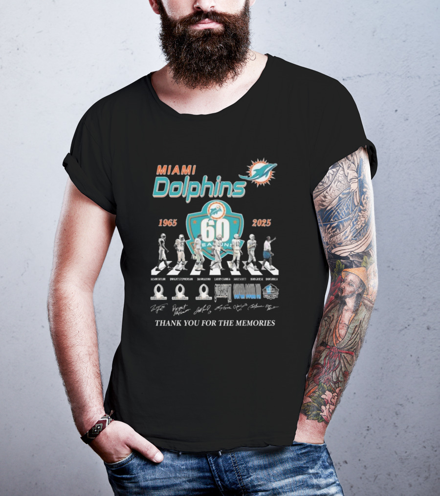 Miami Dolphins 60 Seasons 1965-2025 Thank You For The Memories Signatures T-Shirt