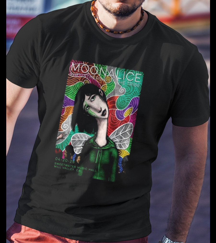 MOONALICE 420 Gathering Of The Tribe 04-20-2025 Sweetwater Music Hall Mill Valley CA Colorful Psychedelic Art With Winged Character T-Shirt