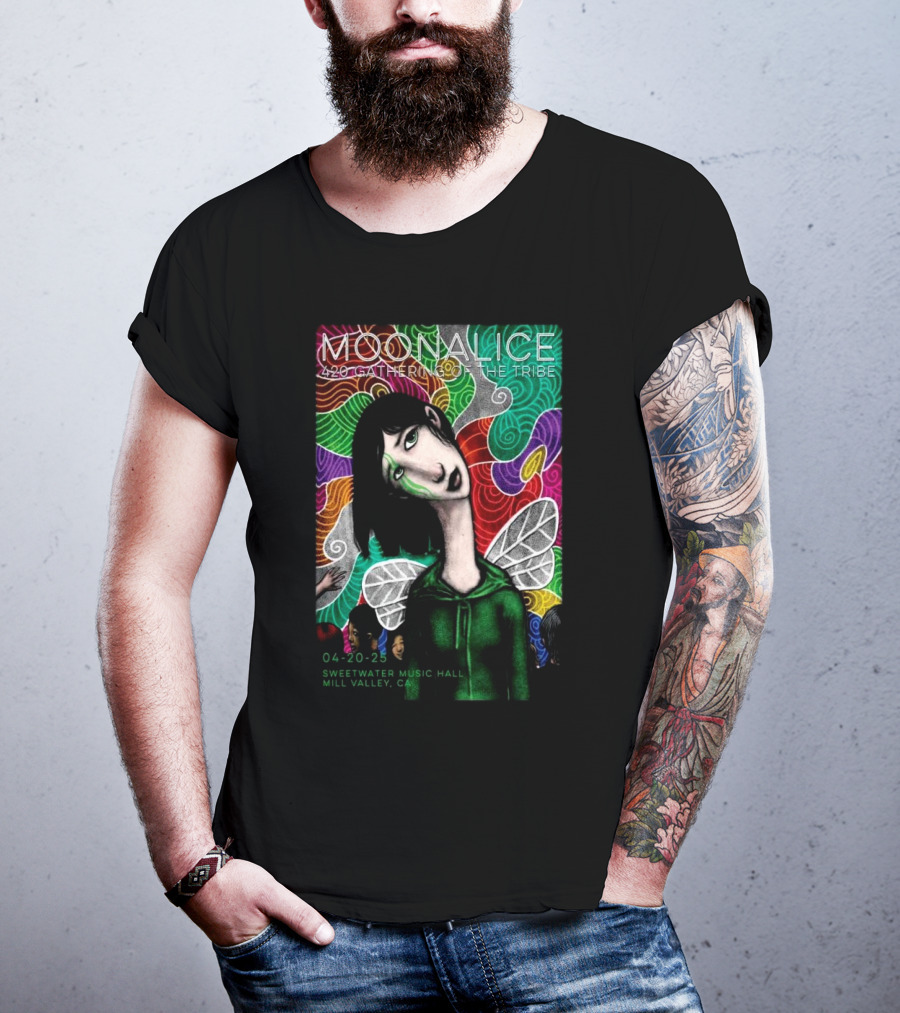 MOONALICE 420 Gathering Of The Tribe 04-20-2025 Sweetwater Music Hall Mill Valley CA Colorful Psychedelic Art With Winged Character T-Shirt