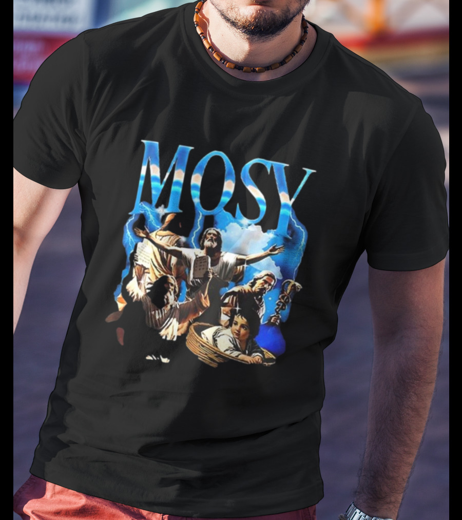 Mosy Moses Biblical Imagery With Lightning Clouds And Figures T-Shirt