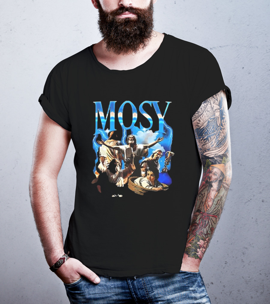 Mosy Moses Biblical Imagery With Lightning Clouds And Figures T-Shirt