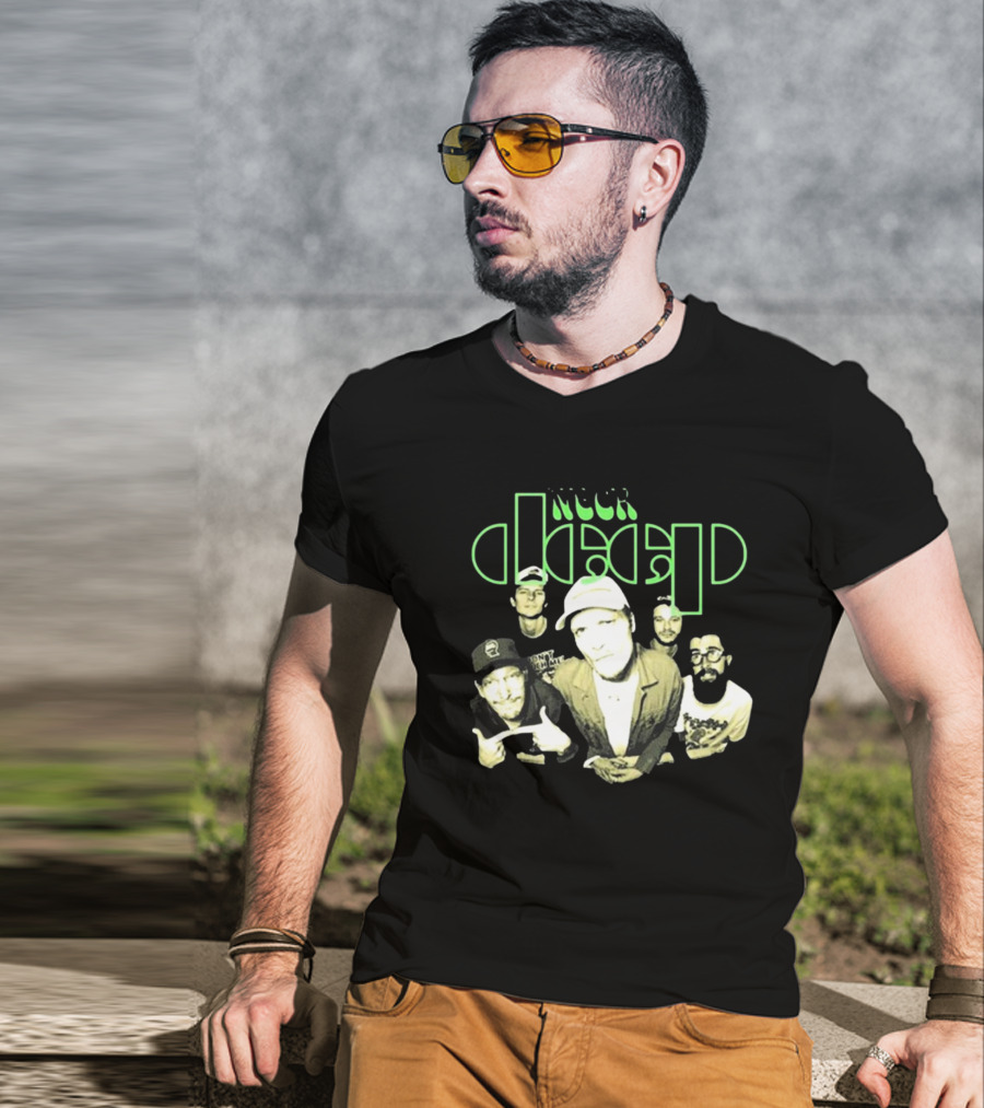 Neckdeep Doors Of Perception Band Photo Neon Green Text T-Shirt