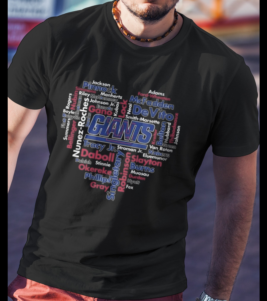 New York Giants Team Names Heart Word Cloud Fan Tribute T-Shirt