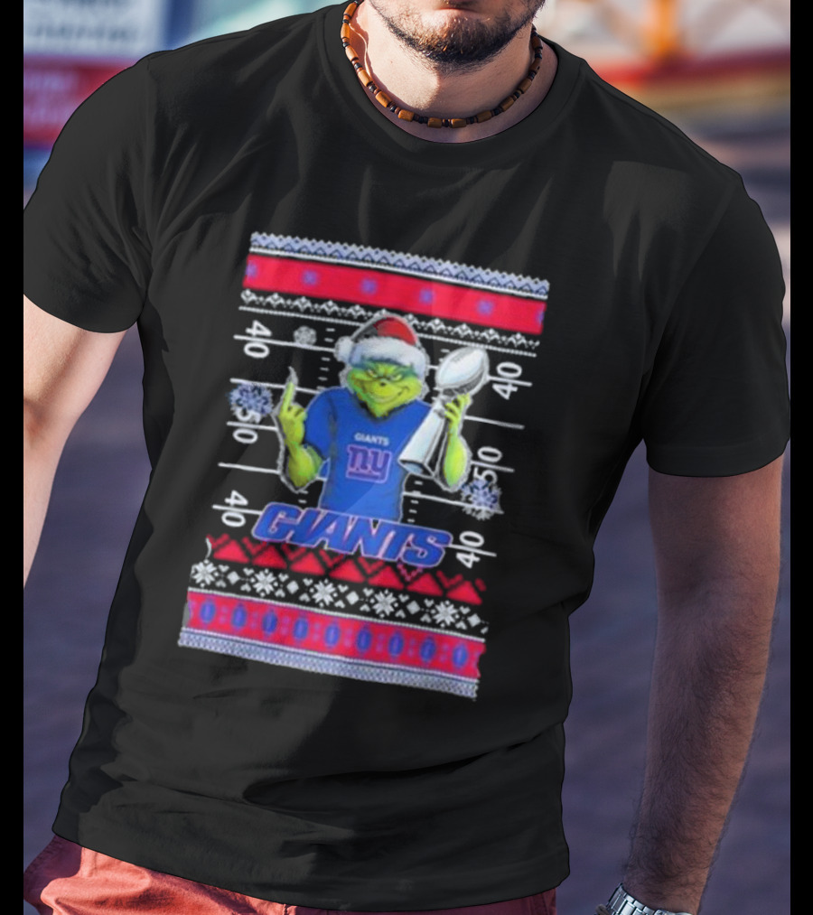 New York Giants Grinch Christmas With Lombardi Trophy Ugly Sweater T-Shirt