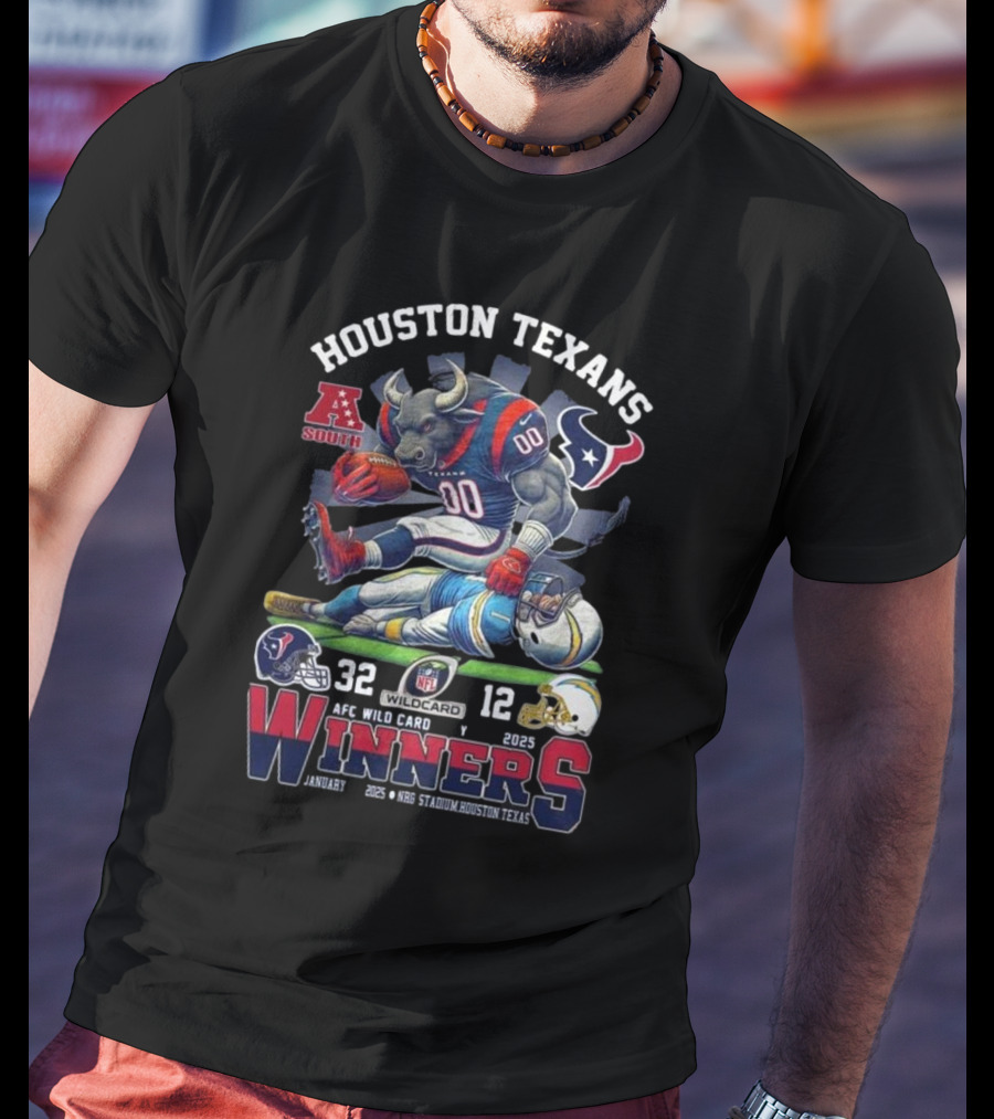 Houston Texans AFC South Wild Card Winners 2025 NFL Mascot 32-12 T-Shirt