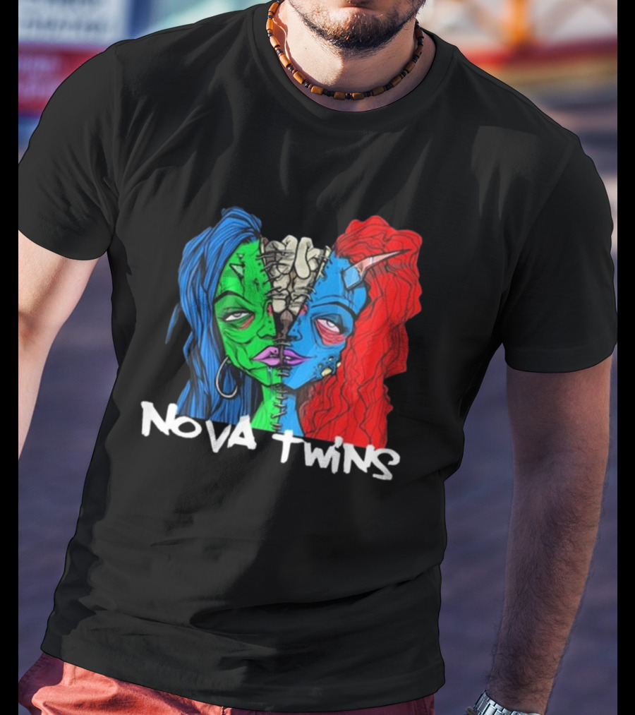 Nova Twins Monster Head Blue Green Red Hair Two-Faced Artwork T-Shirt