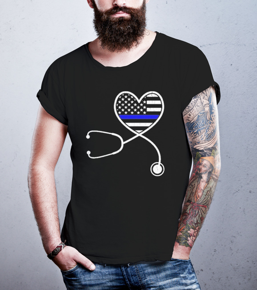 Nurse Life Police Wife American Flag Heart Stethoscope Blue Line T-Shirt