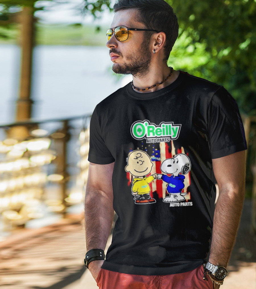 O’Reilly Auto Parts Charlie Brown Snoopy American Flag T-Shirt
