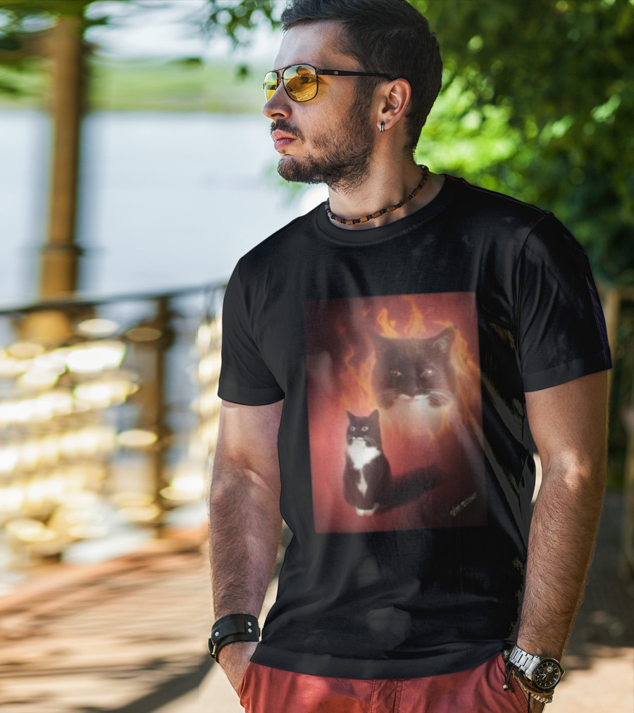 Olan Meows Black And White Cat Flames Retro Theme T-Shirt