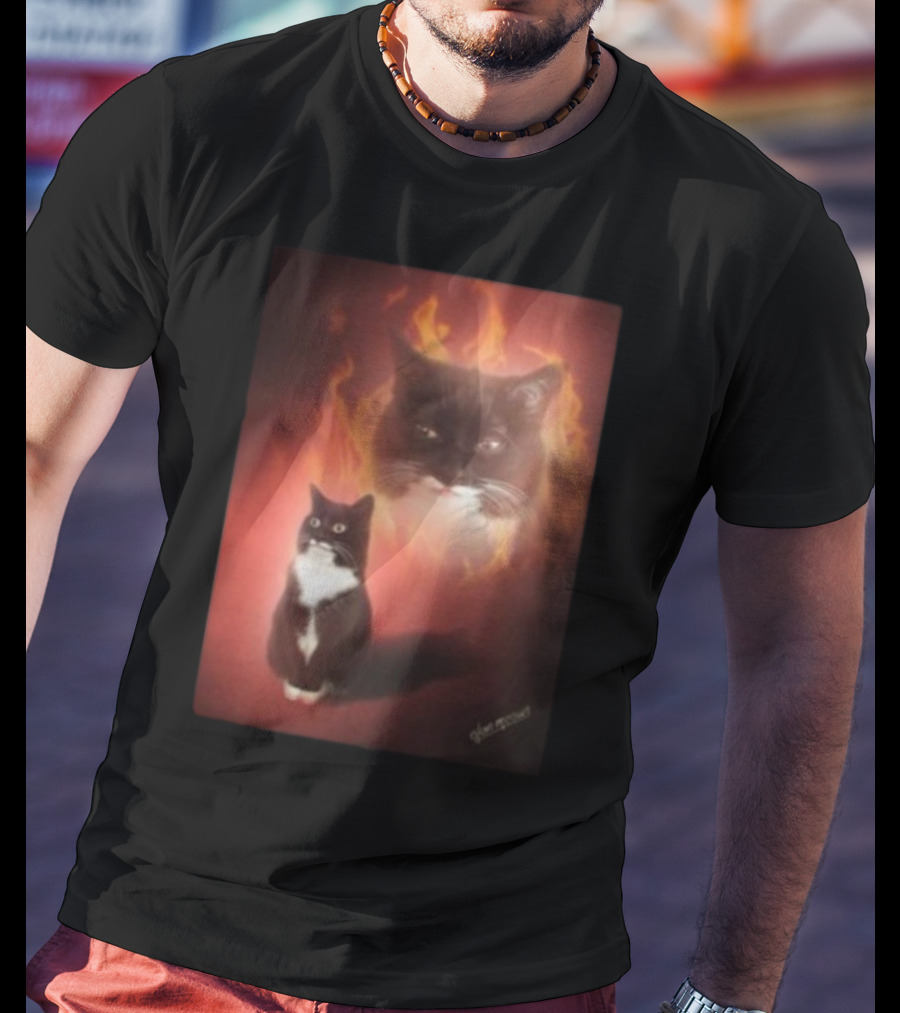 Olan Meows Black And White Cat Flames Retro Theme T-Shirt