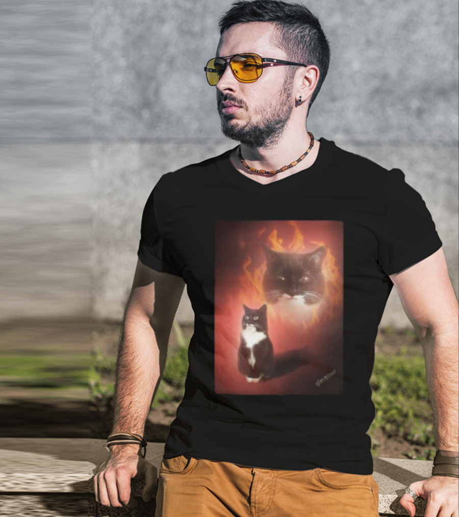 Olan Meows Black And White Cat Flames Retro Theme T-Shirt