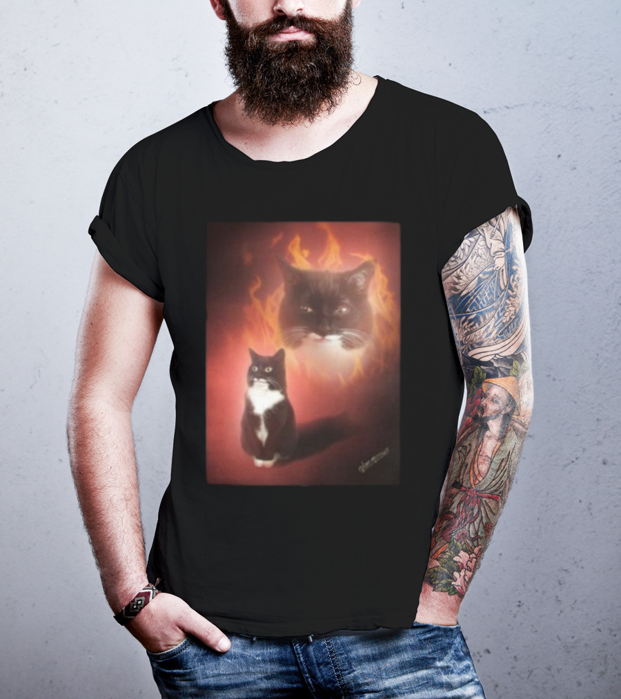 Olan Meows Black And White Cat Flames Retro Theme T-Shirt