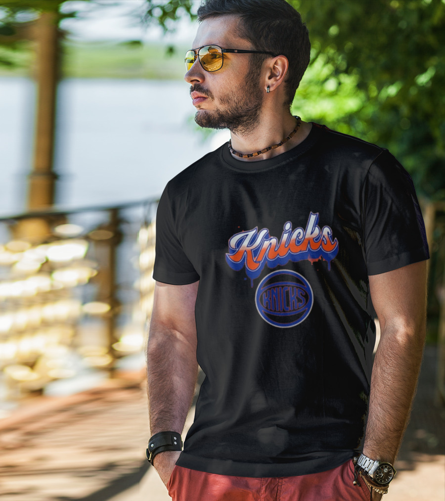 New York Knicks Orange Blue Bubbly Script Basketball Emblem T-Shirt