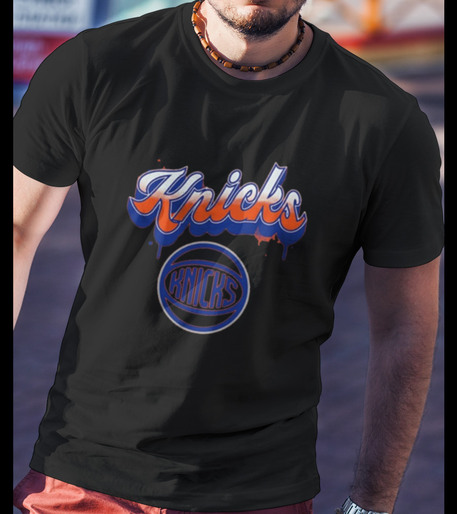 New York Knicks Orange Blue Bubbly Script Basketball Emblem T-Shirt