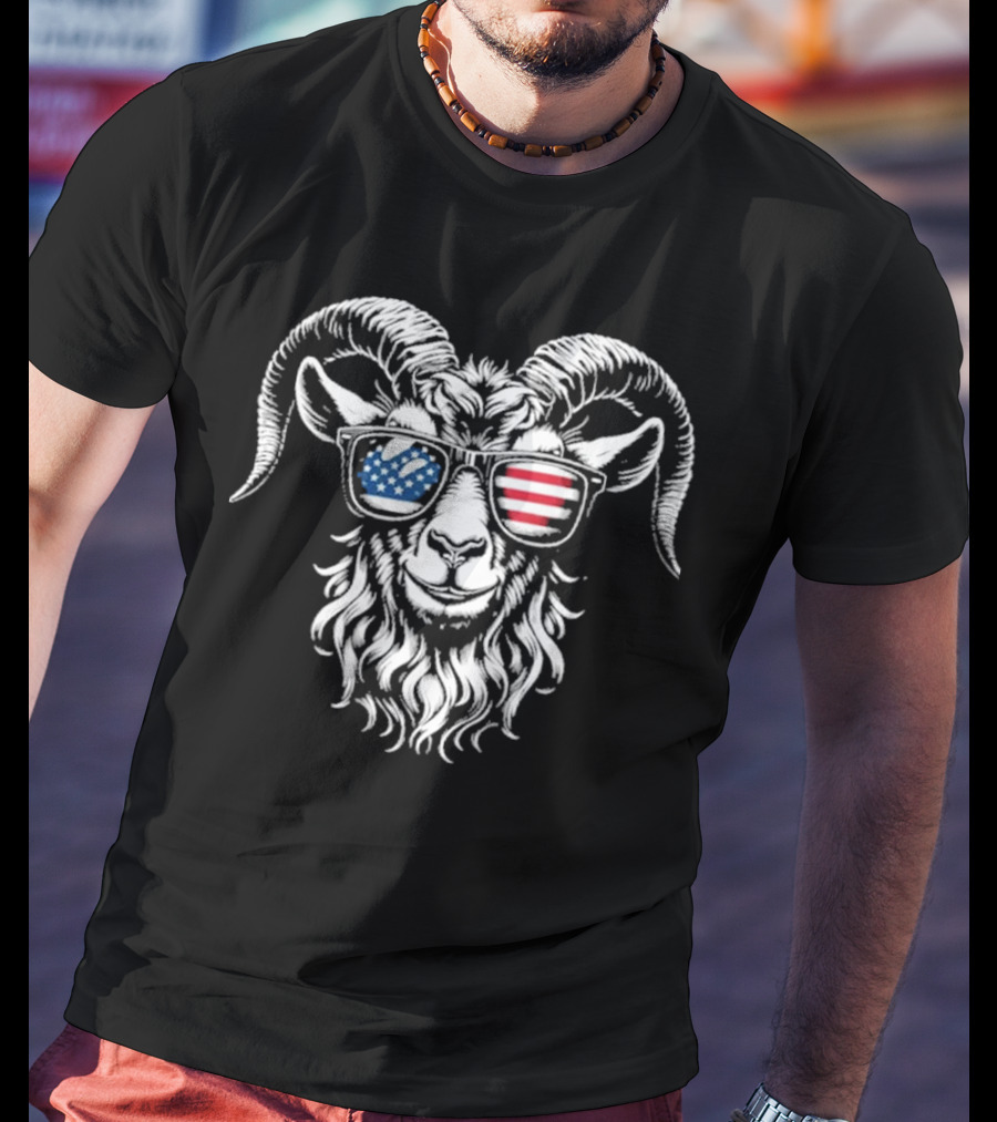 Patriotic Goat With American Flag Sunglasses Design T-Shirt