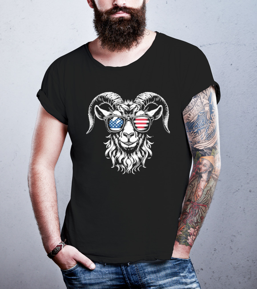 Patriotic Goat With American Flag Sunglasses Design T-Shirt