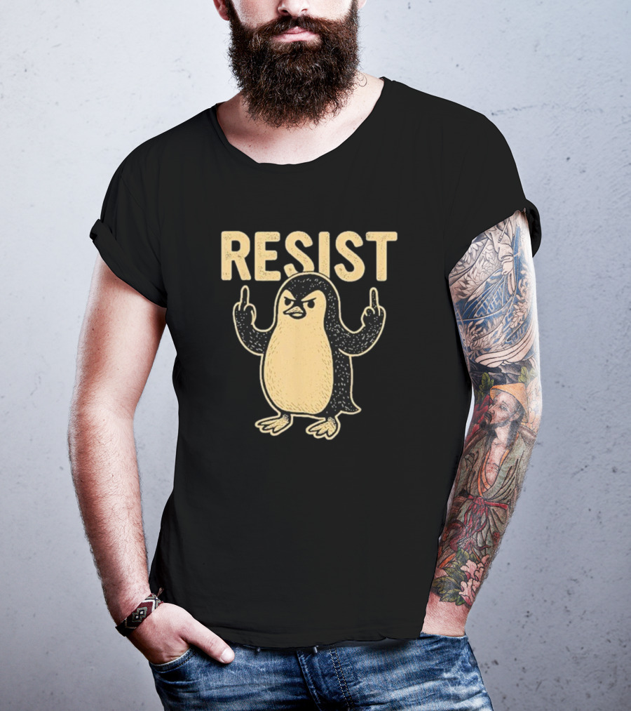Resist Penguin Middle Finger Protest Symbol T-Shirt