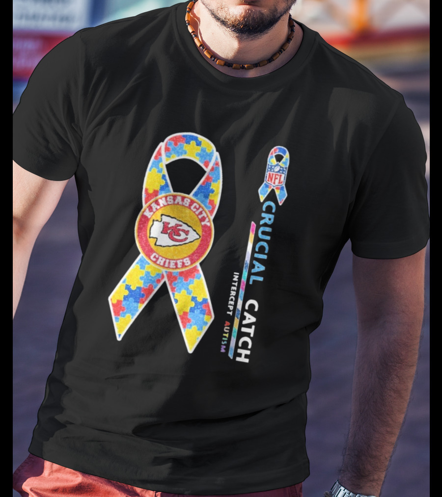 Kansas City Chiefs NFL Puzzle Ribbon Autism Awareness Crucial Catch T-Shirt