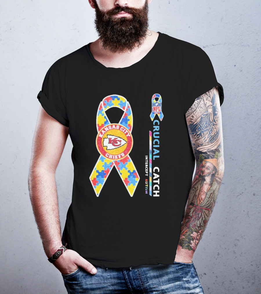 Kansas City Chiefs NFL Puzzle Ribbon Autism Awareness Crucial Catch T-Shirt