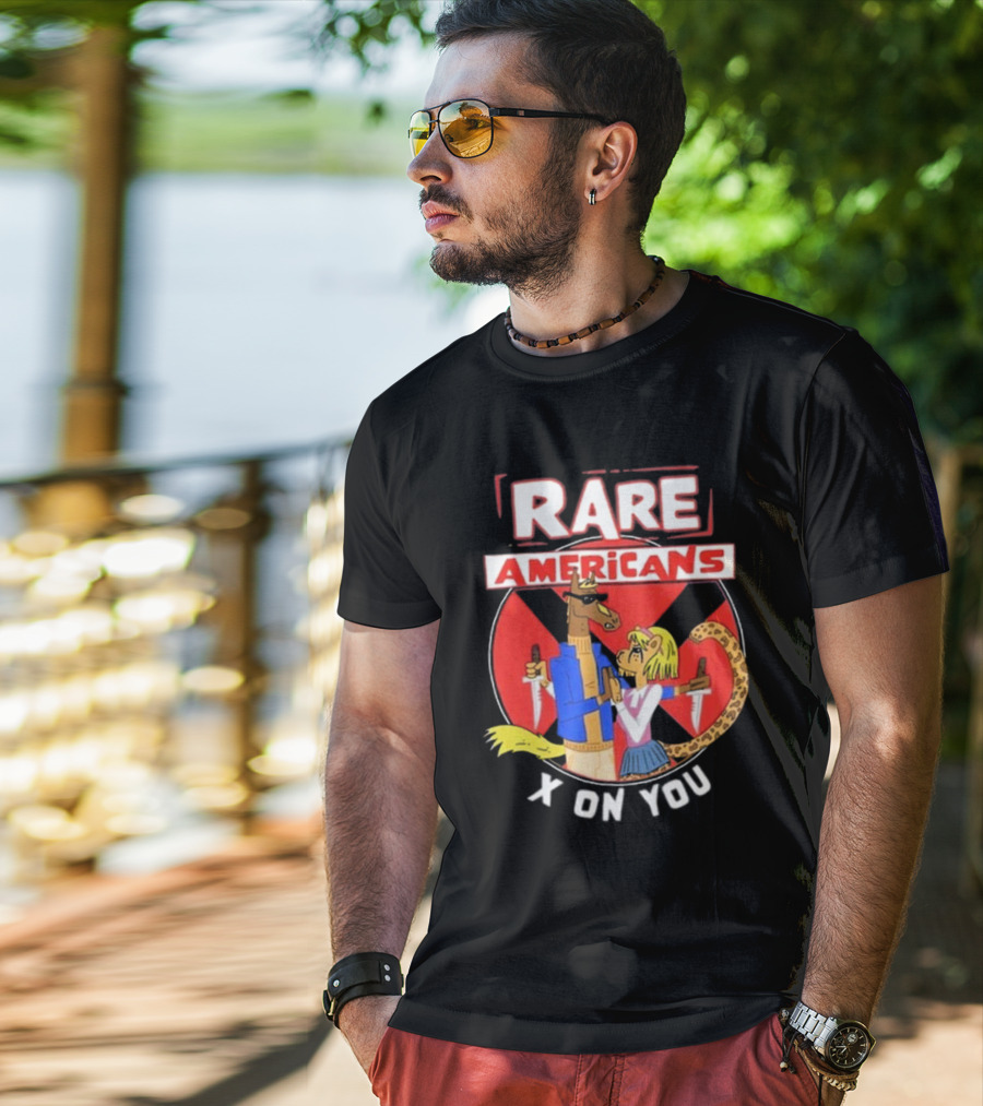 Rare Americans X On You Two Characters Holding Knives Circular Badge T-Shirt