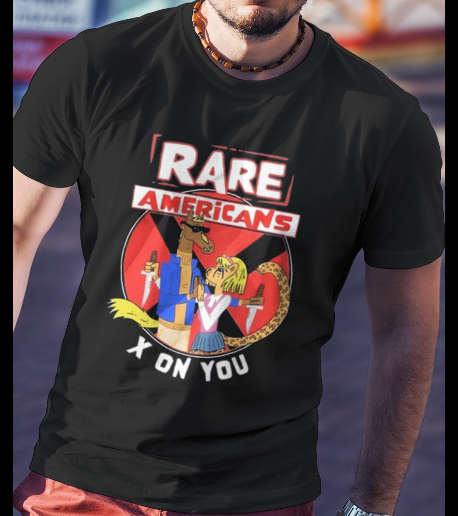 Rare Americans X On You Two Characters Holding Knives Circular Badge T-Shirt