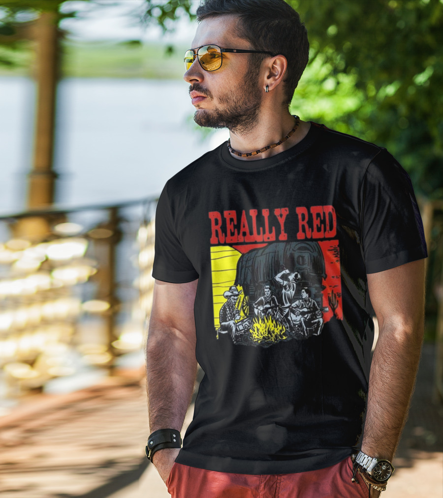 Really Red Cow Punks Campfire Scene With Musical Cowboys And Wagon T-Shirt